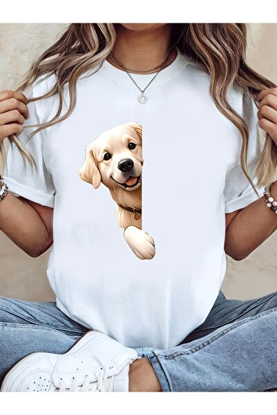 212Wear تي شيرت نسائي بطباعة كلب جولدن ريتريفر لطيف، أبيض اللون بأكمام قصيرة ...