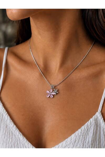 Miore takı Miore Pink Flower Figured Women's Necklace with Zircon Stone Detail
