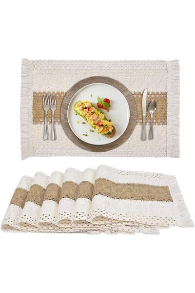 Arabest Tablemats,Boho Woven Cotton Placemat Set of 6,Rustic Rectangular Beig...