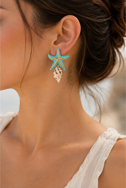 POYASE Starfish Seashell Figured Earrings Turquoise, White and Powder Pink Co...