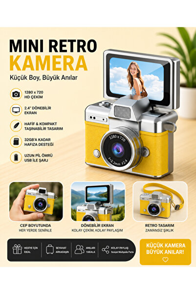 Kılıfsiparis Mini Retro Kamera Flaşlı Selfie Dönen Ekran Vlog Kamerası Anahta...