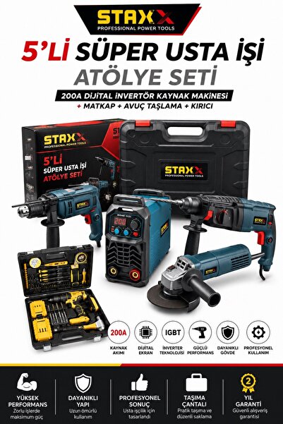 STAXX POWER 5'li Atölye Paketi | Kaynak Makinesi + Kırıcı Hilti + Avuç Taşlam...