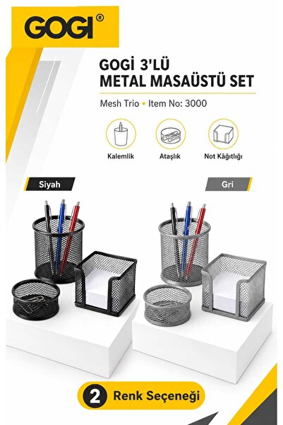 gogi Mesh Trio Metal Ofis Seti 3'lü Ataçlık , Kalemlik, Not Kâğıtlığı- Siyah ...
