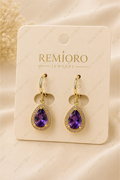 REMIORO Cercei placați cu aur 14K cu zirconiu cubic colorat, model lacrimă – ...