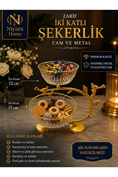 Niyara home ZARIF İKİ KATLI ŞEKERLIK CAM VE METAL PREMIUM KALİTE DAYANIKLI ME...