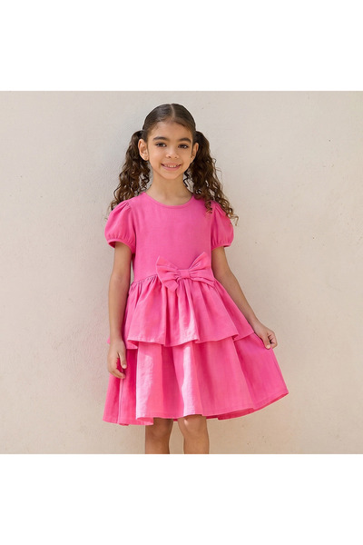 Juniors Round Neck Short Sleeve Dress with Bow Accent