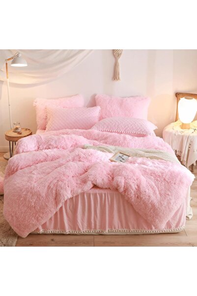 HAIHUA Pink Fluffy Comforter Set, Plush Shaggy Duvet Cover 2 Pieces, Velvet P...
