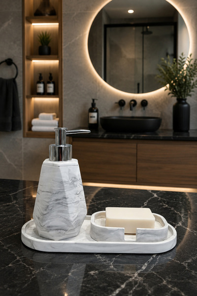 Lyzovi 3 Parça Mermer Desenli Lüks Banyo Seti | Sıvı Sabunluk, Sabunluk, Oval...
