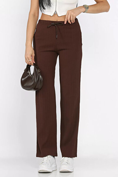 Aryena Brown Women's Self-Patterned Elastic Waist Palazzo Trousers