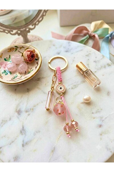 nazarboncuğu El Yapımı Pembe Cam Boncuklu Çoklu Anahtarlık