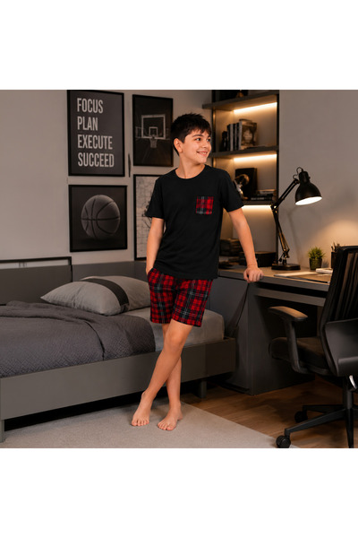 Nappyboo Erkek Çocuk Şortlu Pijama Takımı Ekose Cep Detaylı