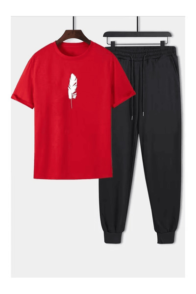 Generic Brand Minimalist Feather Patterned Relaxed Fit Tracksuit Set