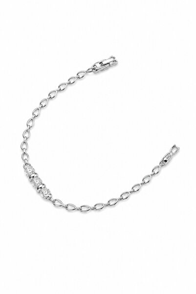 Balenbi Jewelry Silver Color Three Zircon Stone Detailed Oval Chain Stainless...