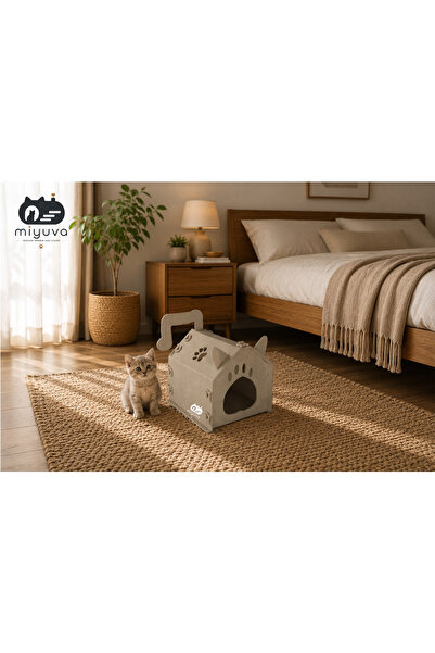 Keçe Kedi Evi – Demonte, Yıkanabilir, Taşınabilir Kedi Kulübesi –Pati Bej