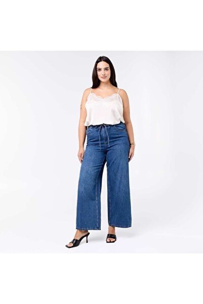 KIABI Wide-leg denim trousers with tie belt BLUE