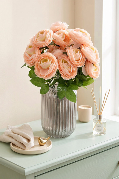 Yapay Çiçek Deposu Artificial Flower 7-Piece Aria Rose Bunch 38 cm Salmon