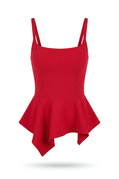 Sue Store Red Asymmetrical Cut Lined Strap Blouse