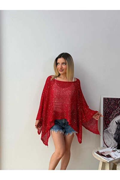LE CARAMBOLE Kadın Kırmızı Pullu Asimetrik Transparan Bluz