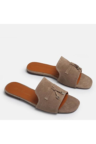 37Numara Large Size Mink Suede Open Toe Flat Sole Women's Slippers 41-42-43-44