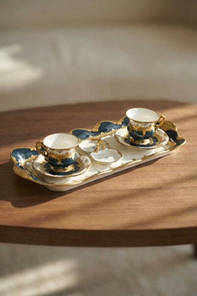ACAR Isabel Dark Green 6-Piece Porcelain Coffee Cup Set for 2 People with Tra...