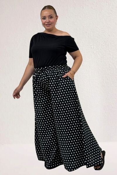 Eslina 69010 Plus Size Mango Trouser Skirt with Elastic Waist - Black Polka Dot
