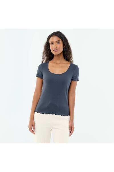 KIABI Solid Ribbed Knit Short-Sleeve T-Shirt BLUE