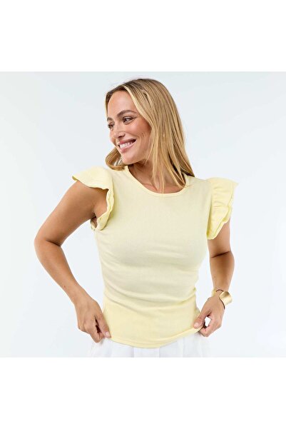 KIABI Ribbed Ruffle-Sleeve T-shirt YELLOW