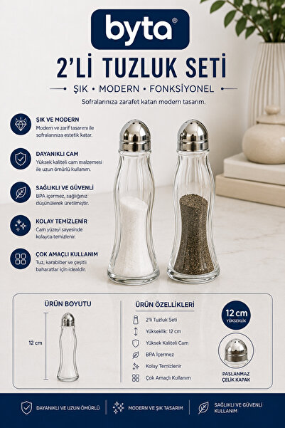 BYTA 2-Piece Glass Salt and Pepper Shaker Set Transparent Glass Spice Contain...