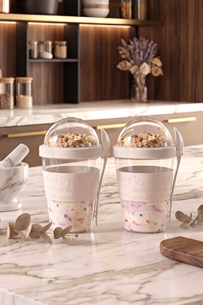 NESS HOME 2'li Take'n Go Hazır Kapaklı Kaşıklı Yoğurt Yulaf Müsli Saklama Kab...