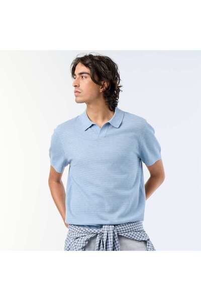 KIABI Short-sleeved openwork knit polo shirt BLUE