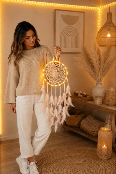 Hd Marketim LED Işıklı Düş Kapanı Pudra Beyaz Tüylü Bohem Duvar Süsü 22 CM El...