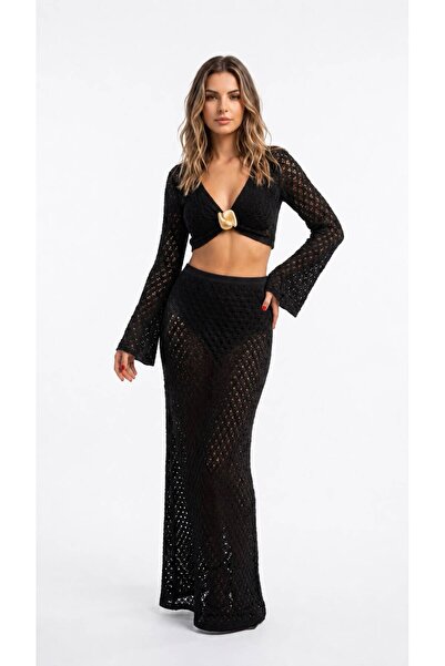 XSTİL BUTİK Beachwear Kadın Siyah File 2'li Plaj Takımı – Crop Bluz & Uzun Etek