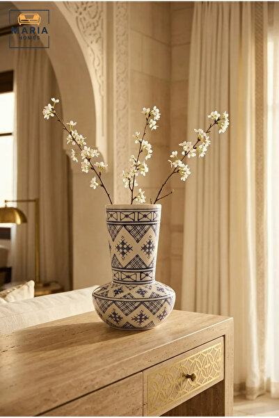 MARIA HOMES Blue and White Patterned Decorative Vase, Modern Ceramic Flower H...