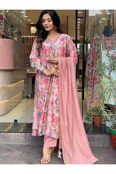 MYSMAR Pink Floral Print Embroidered Kurta Set - AMZ2028 | Pink-Size:XL-42-In...