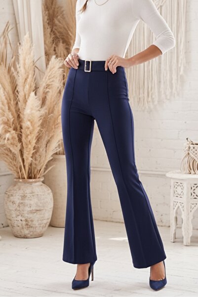 Bestenur Buckle Detailed Spanish Style Trousers 1736 - Navy Blue
