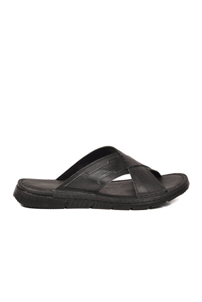 Castle Black Black Genuine Leather Men's Flat Slippers