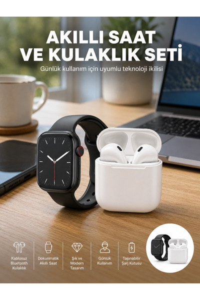 Genel Markalar Akıllı Saat Gümüş Kasa Bluetooth Kulaklık Hediyeli Çok Fonksiy...