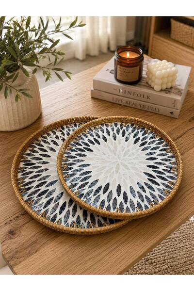 HEPBİMODA El Yapımı Rattan Tepsi 30 cm – Doğal Hasır Sunum Tepsisi, Bohem Dekoratif Servis Tepsisi 2'li Set