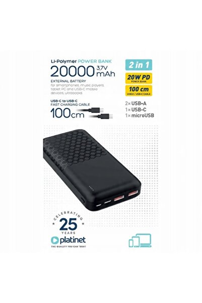 Platinet POWERBANK 20000mAh 2xUSB microUSB USB-C Tip-C mare puternic acumulat...