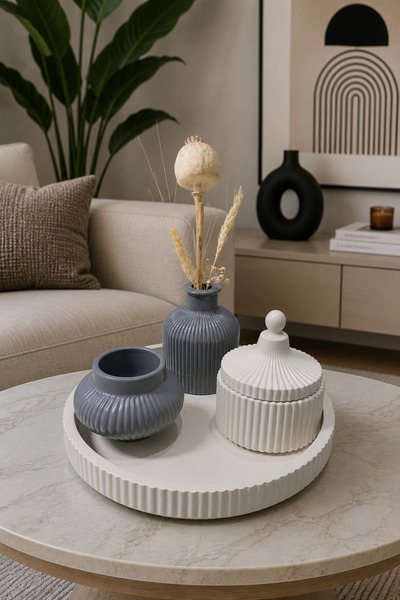 Zigzag Home Decorative Bohemian Style 4-Piece Vase Set Striped Tray Pampas Va...