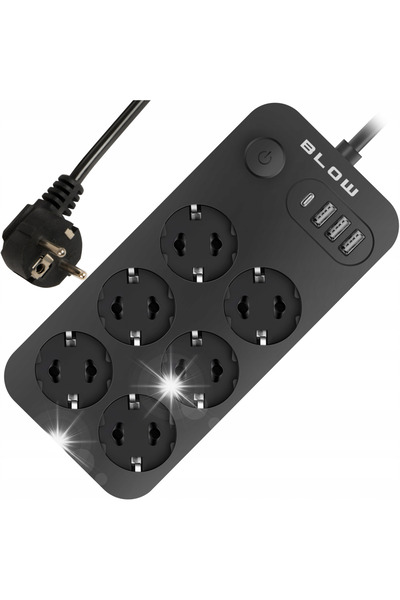 Blow Prelungitor cu întrerupător, 3x USB, 6 prize, 3m, USB Tip-C