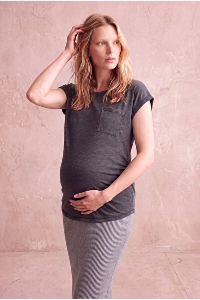 WESTMARK LONDON Maternity Light Gray Melange Cotton Crew Neck Short Sleeve Po...