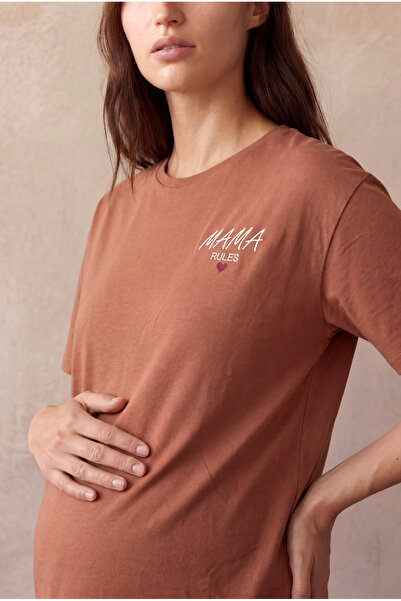 WESTMARK LONDON Maternity Brown 100% Cotton Crew Neck Short Sleeve Embroidery...