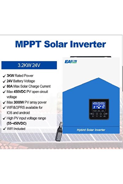 EASUN Invertor solar hibrid off-grid 3,2 kW 24 V, undă sinus pură, MPPT 80 A,...