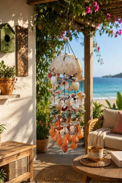 HEPBİMODA Doğal Deniz Kabuklu coconut Feng Shui Kapı ve Balkon Süsü - El İşçiliği Rüzgar Çanı