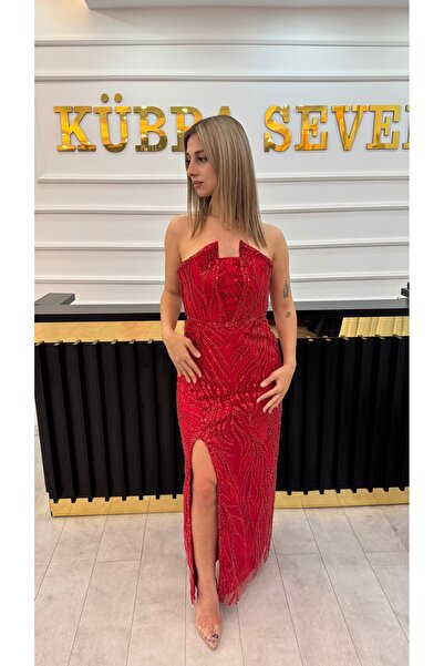 Kırmızı Taş İşlemeli Straplez Yırtmaçlı Uzun Abiye Elbise özel dikim