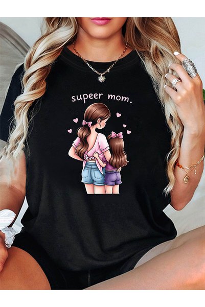 01THEONE Casual Short-Sleeve Crew Neck T-Shirt Featuring a 'Super Mom' Print,...
