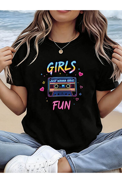 Ekim11 تي شيرت نسائي بطباعة "JUST WANNA HAVE FUN" - تصميم ريترو بطباعة شريط ك...