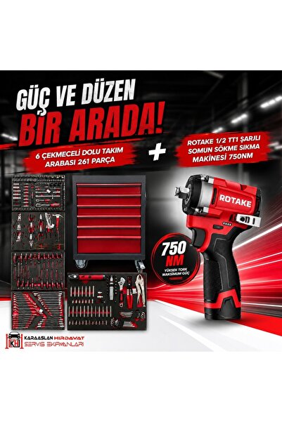 ROTAKE 261 Parça Dolu Takım Arabası (750NM Şarjlı Somun Sıkma Hediye)