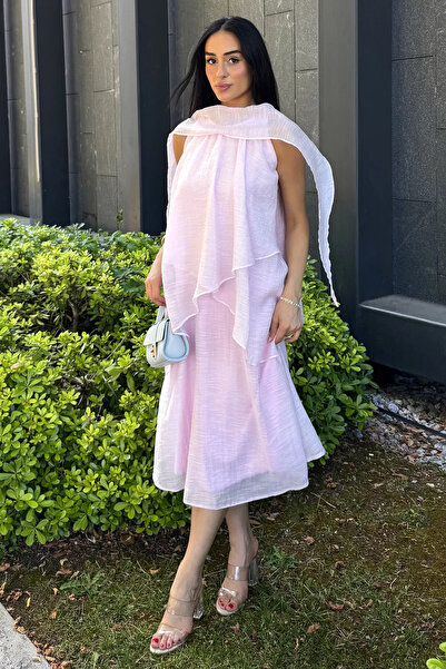 Aryena Pink Perry Women's Layered Dress with Shoulder Shawl Detail